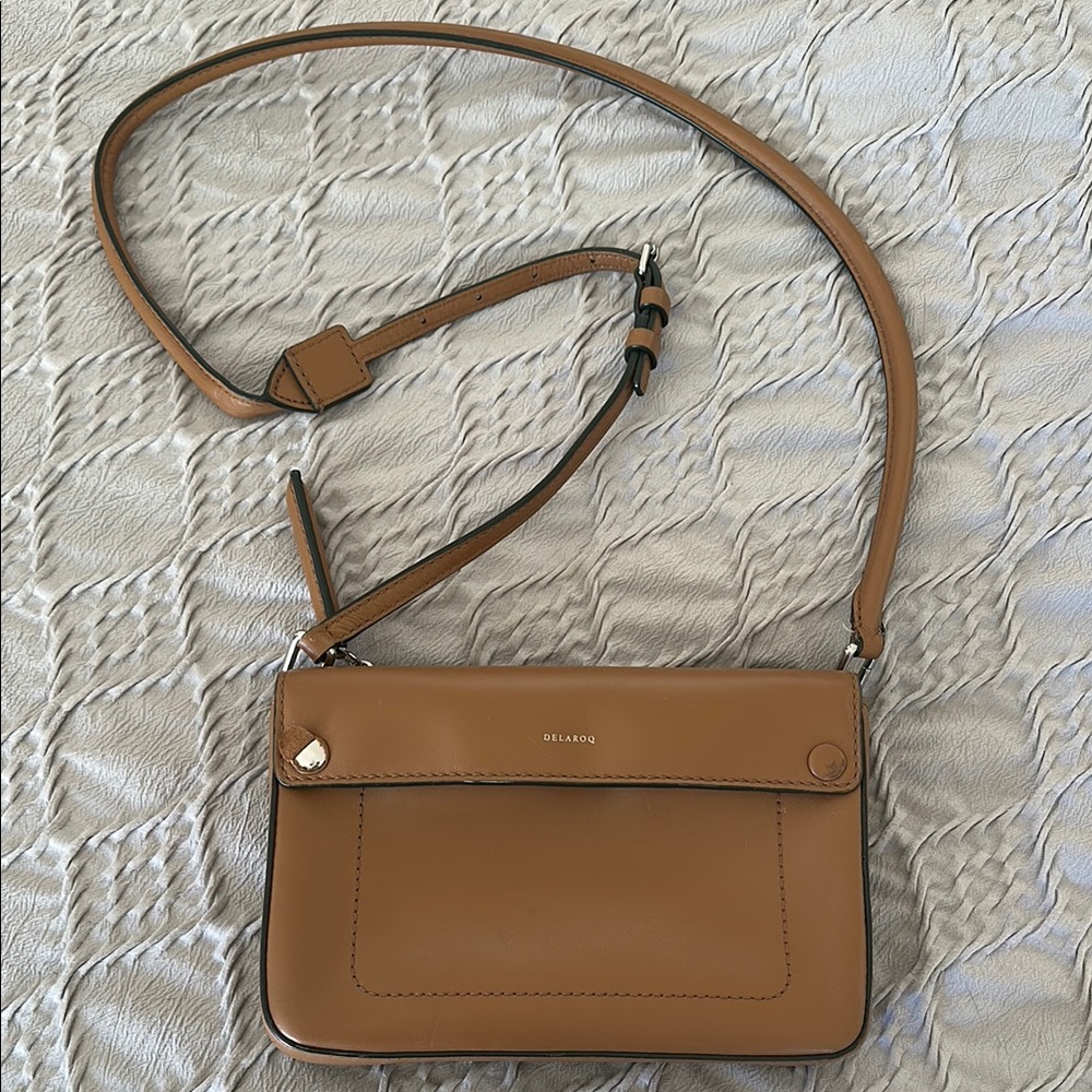 Tan Crossbody Bag 8.25” wide 5.5” tall 1.25” deep